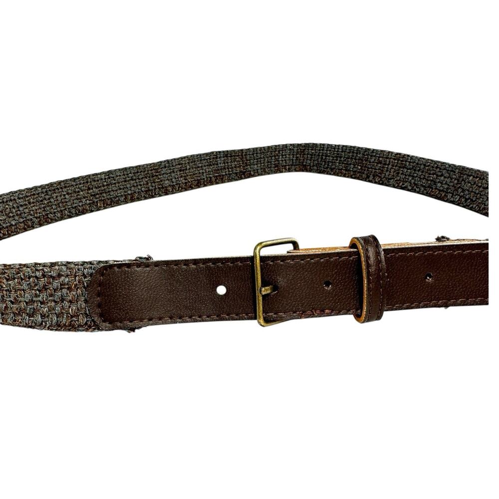 Waist Belt Brown Leather Speckled Canvas Womens Sz Medium Brass Tone Buckle